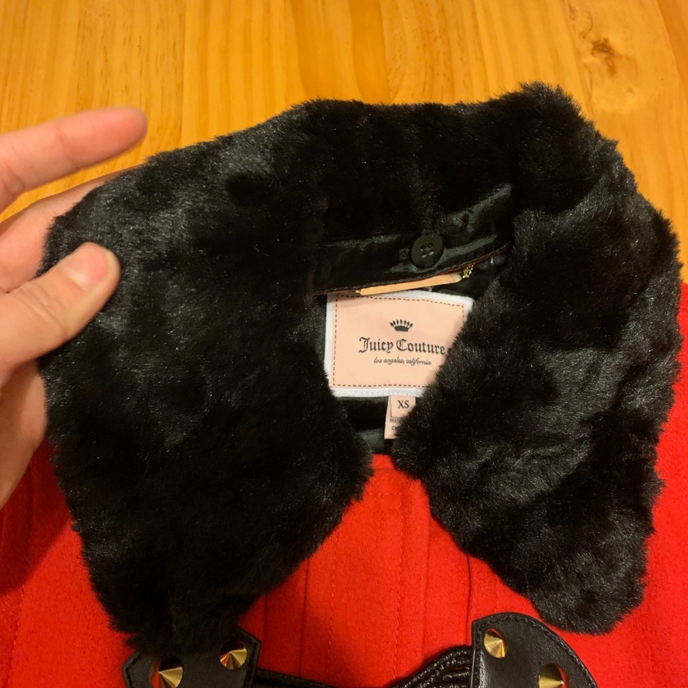Juicy Couture Red Wool Toggle Duffle Coat with Fur - Picture 5 of 8